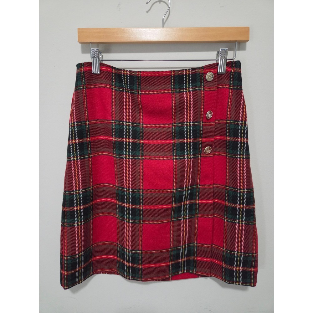 Talbots Petite Red Tartan Plaid Wool‎ Blend Mini Skirt Gold Crest Buttons 4P